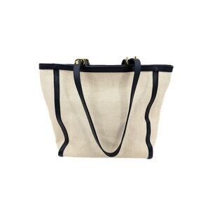 Mark & Graham Neutral Cream Raffia Woven Black Leather Large Casual Tote Bag